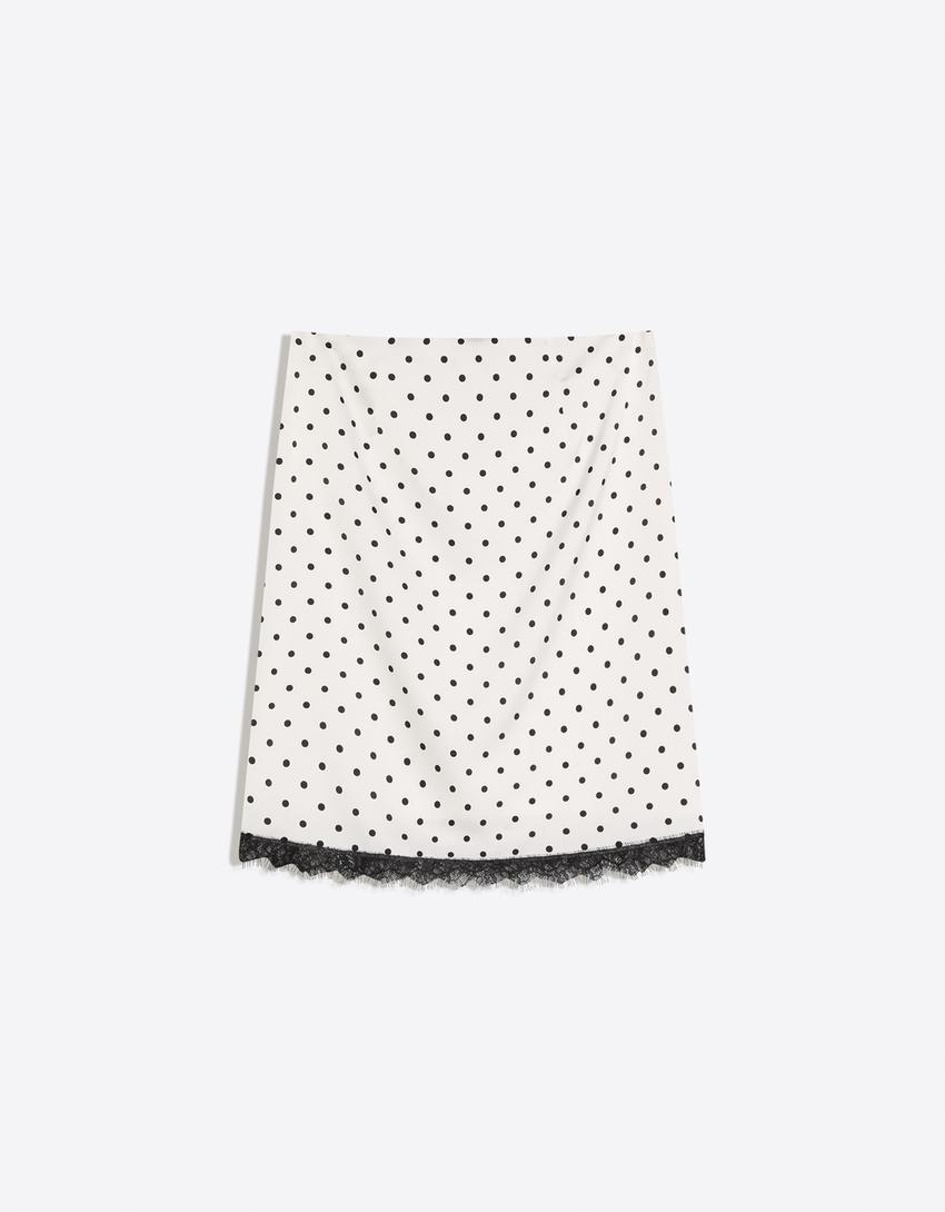 Saten midi etek-Beyaz/Siyah