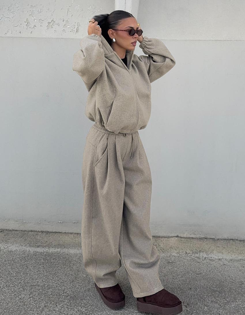 Pantalon barrel fit effet laine-Taupe