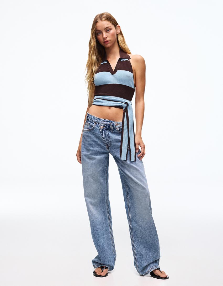 Polo collar top with back knot-Blue