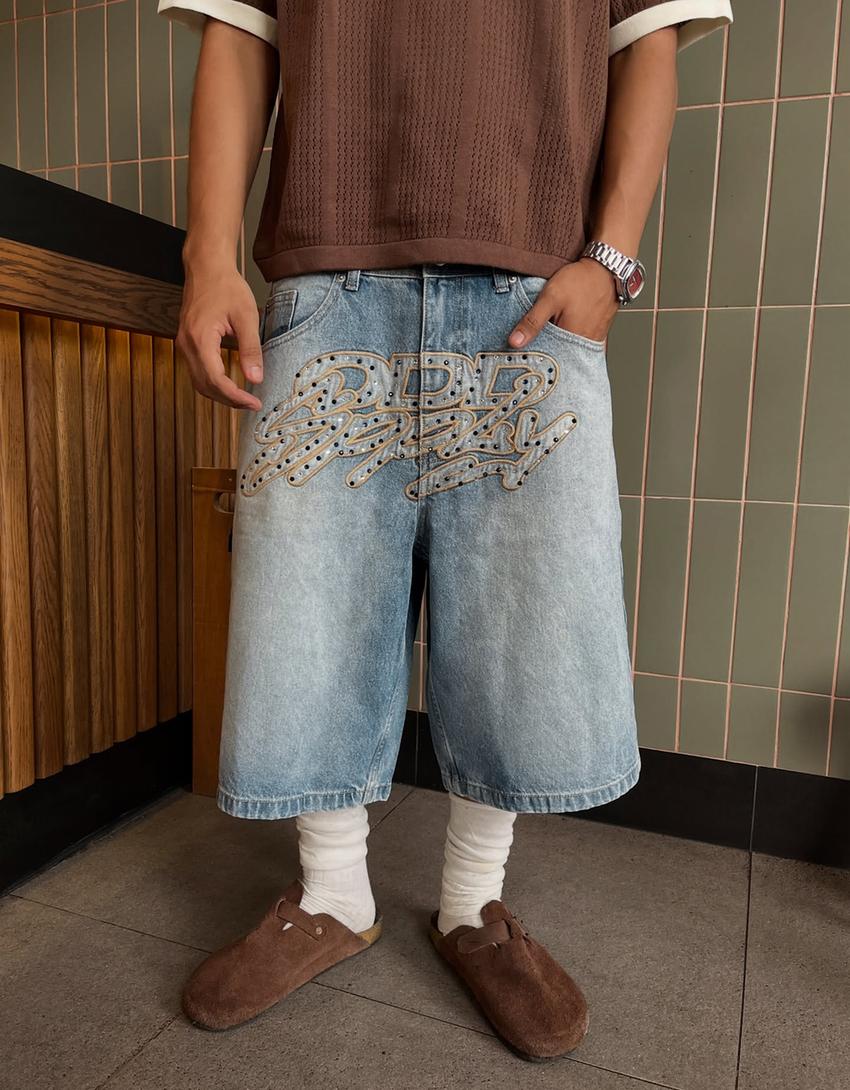 Bermuda denim brodée-Bleu lavé
