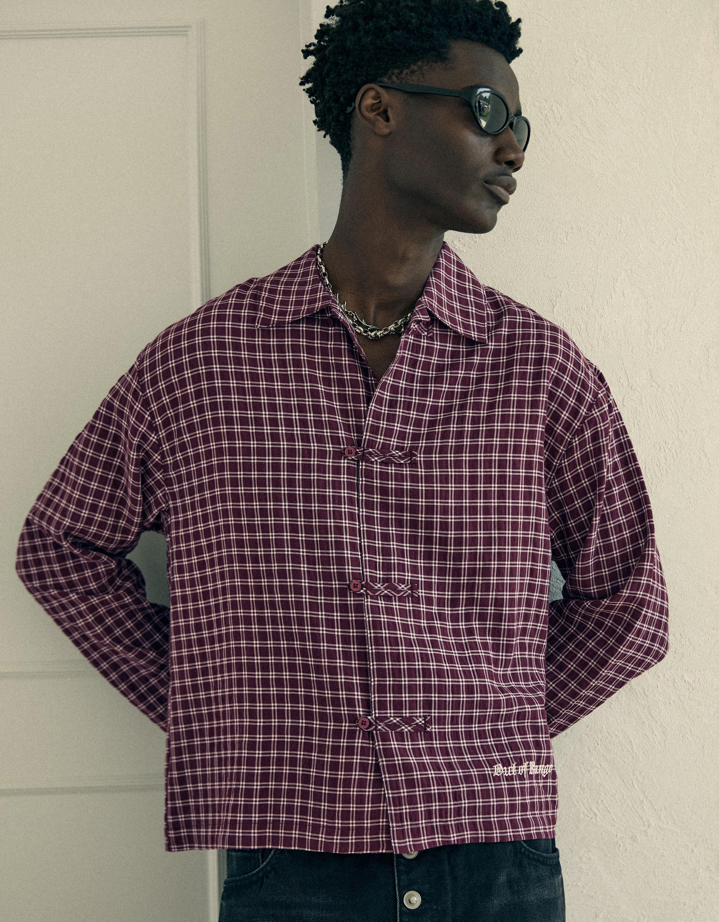 Check long sleeve shirt with clasps — Maroon