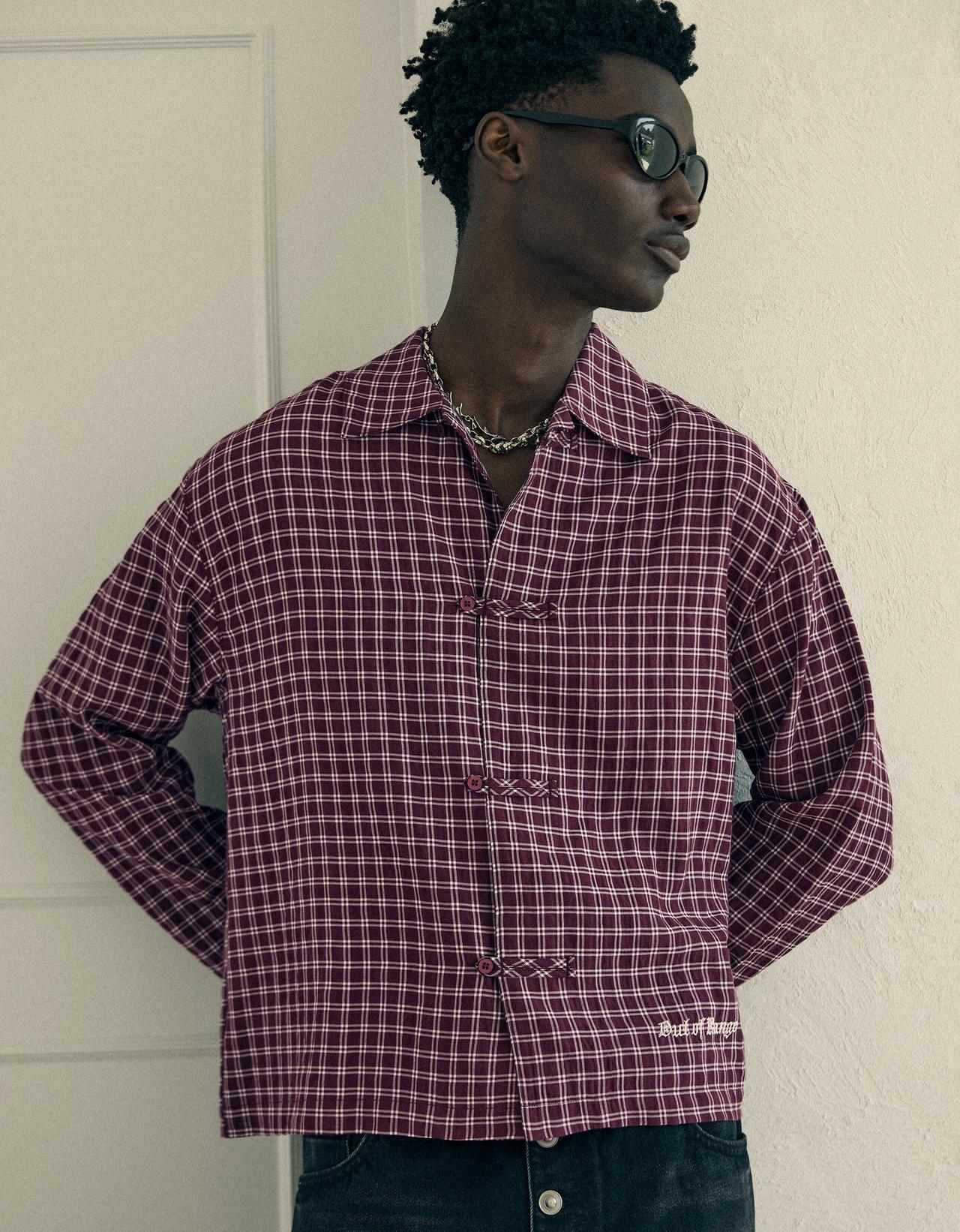 Checked long sleeve shirt with clasp — Maroon