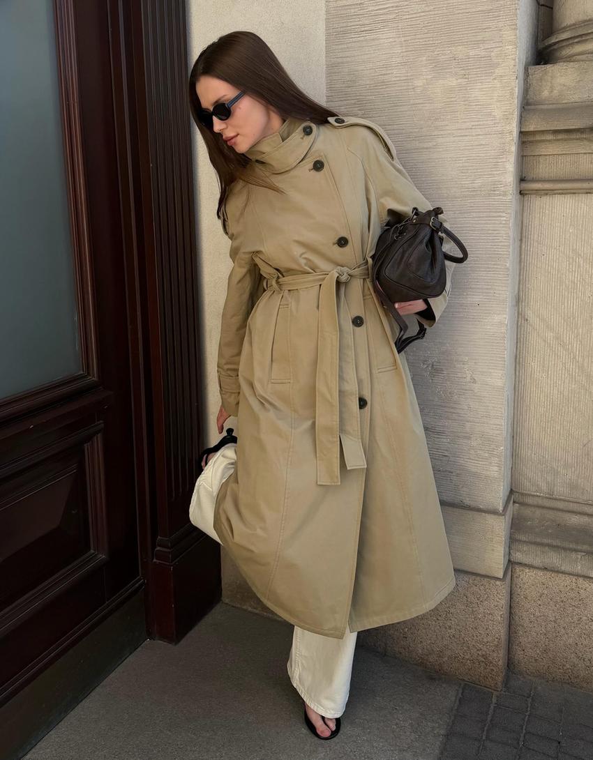 Lange trenchcoat met ceintuur-Zand