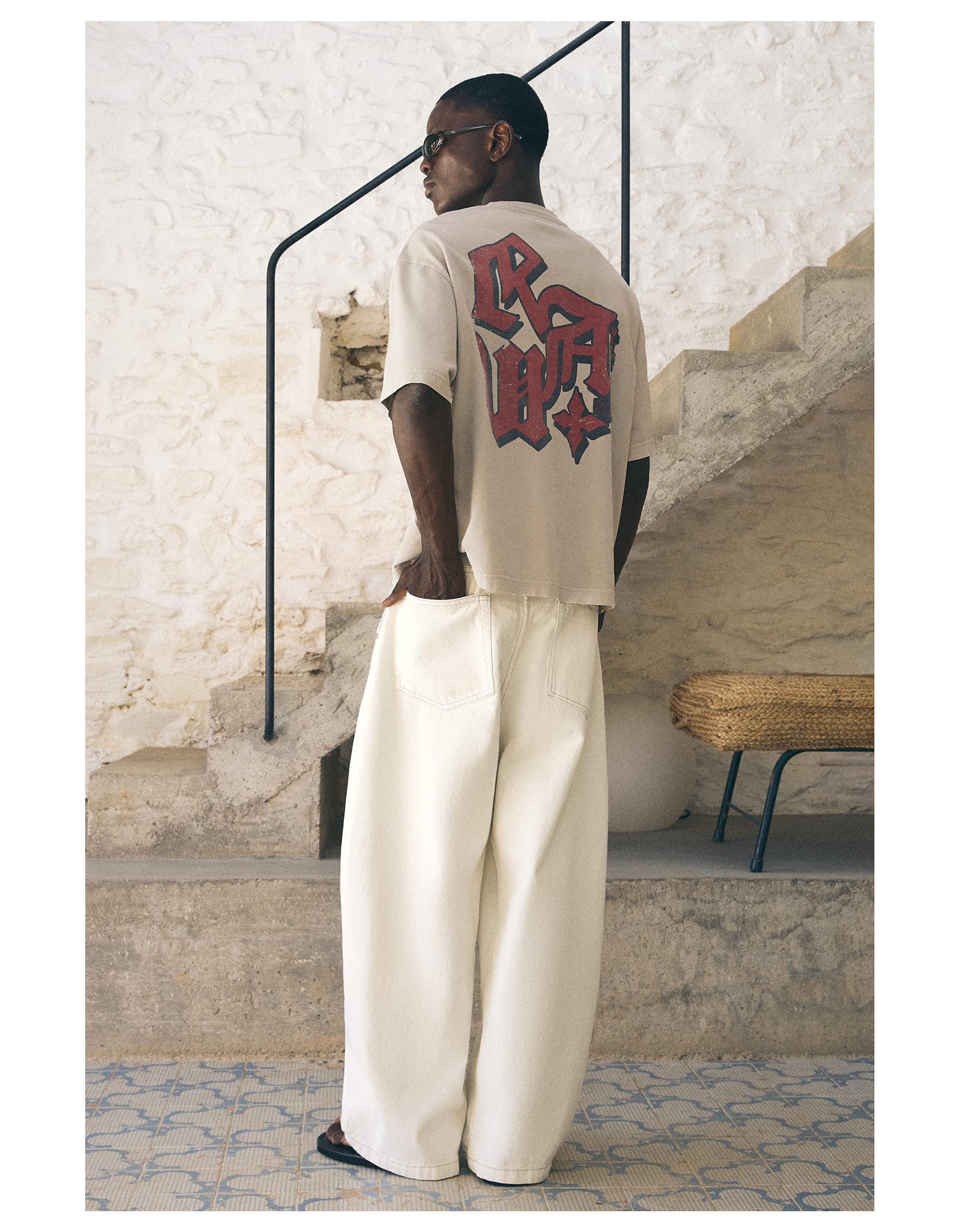 Washed boxy fit print T-shirt — Cream