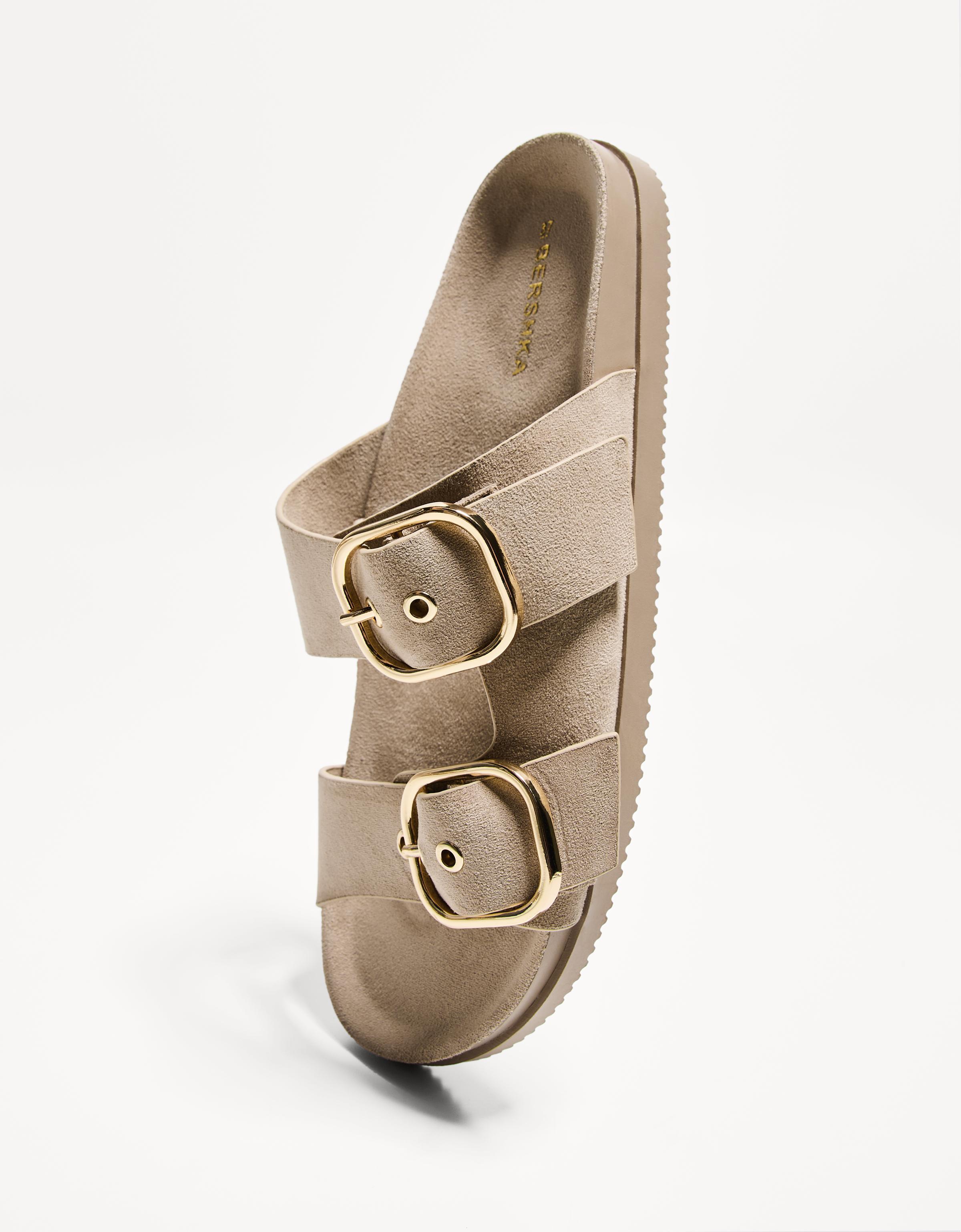 Buckled flat slider sandals — SAND