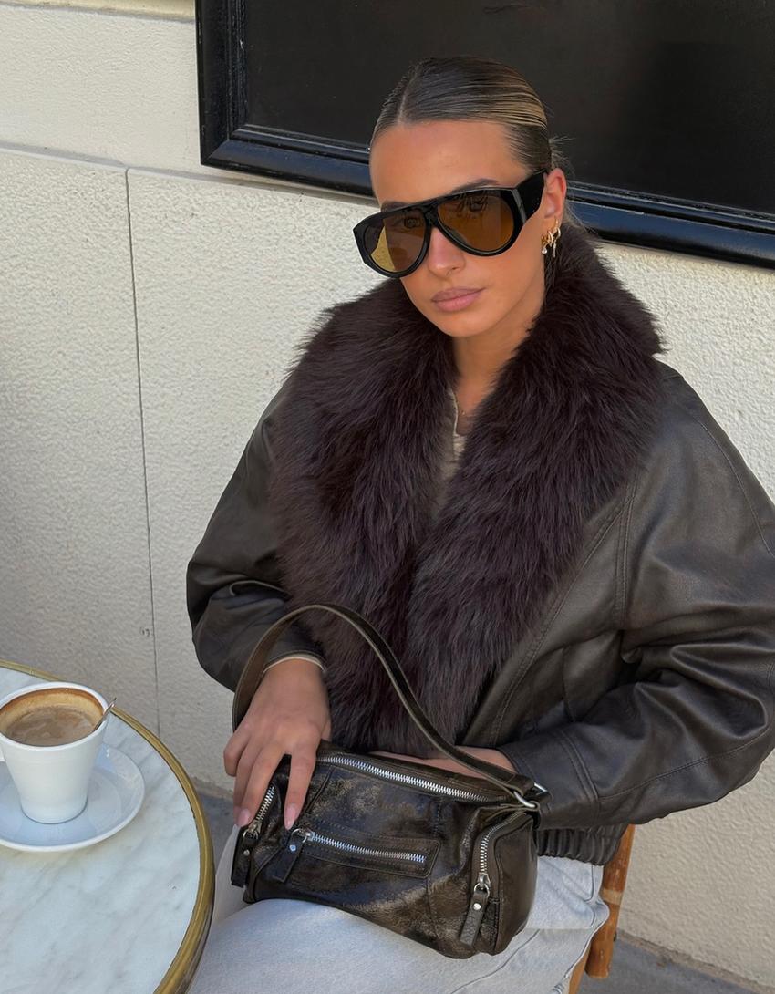 Faux leather jacket with faux fur collar-Brown