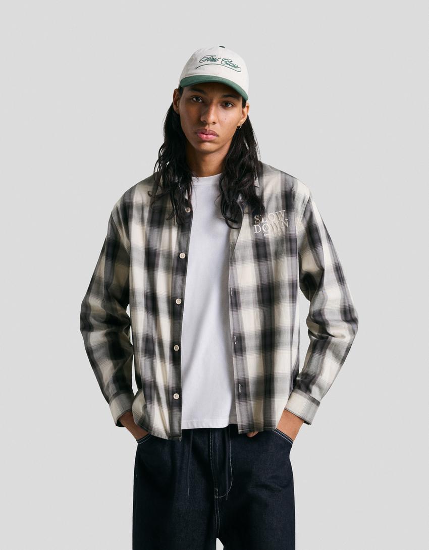 Long-sleeve embroidered check shirt-Grey