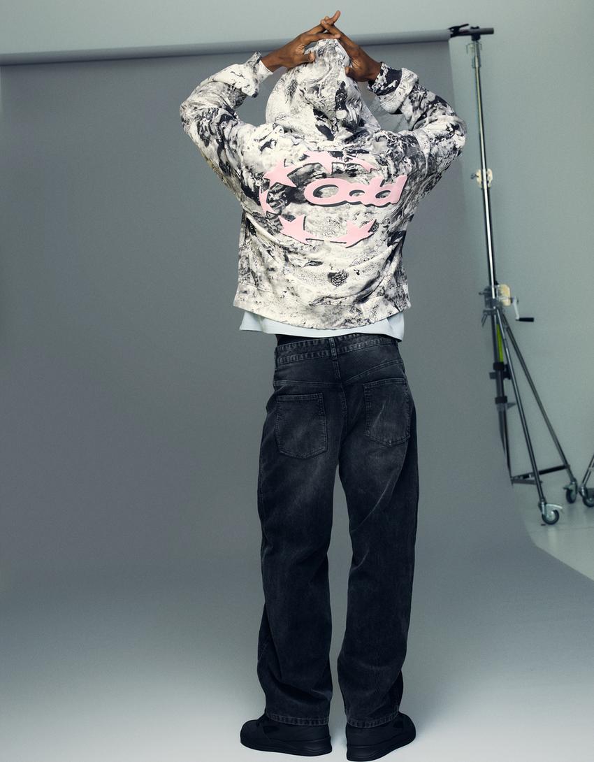 Cropped hooded print jacket-Grey