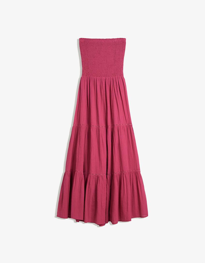 Flared bandeau neckline midi dress-Fuchsia-5