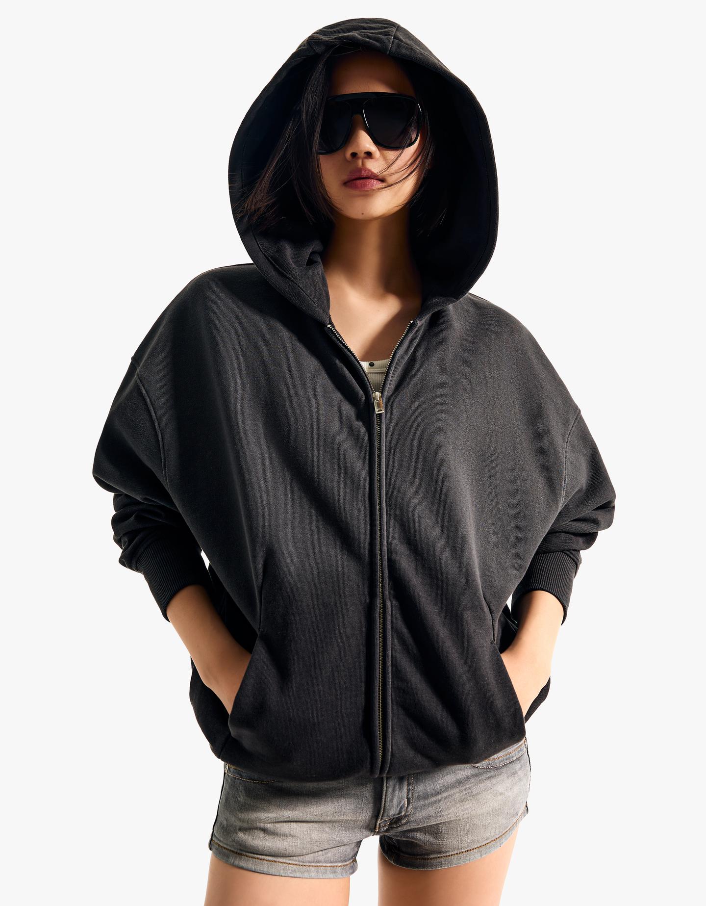 Bershka bluza oversize z kapturem i suwakiem ciemnoszary