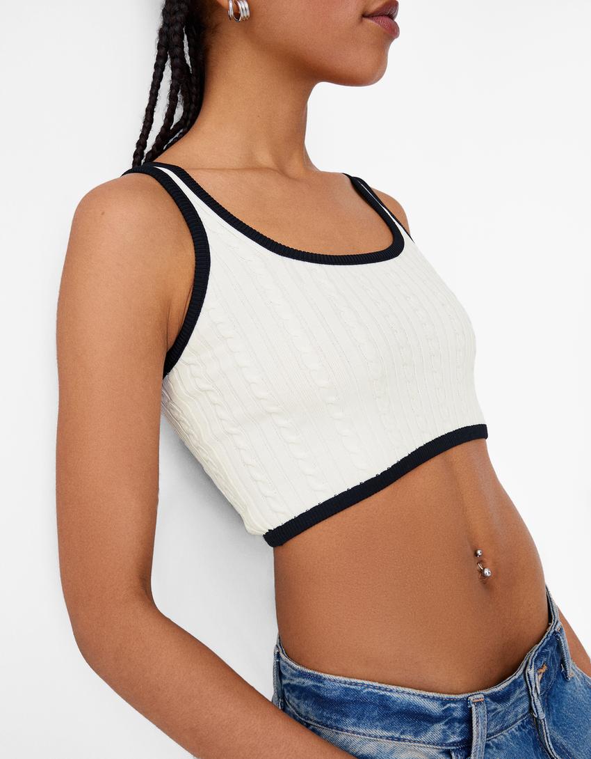 Contrast cable-knit top-Cream-5