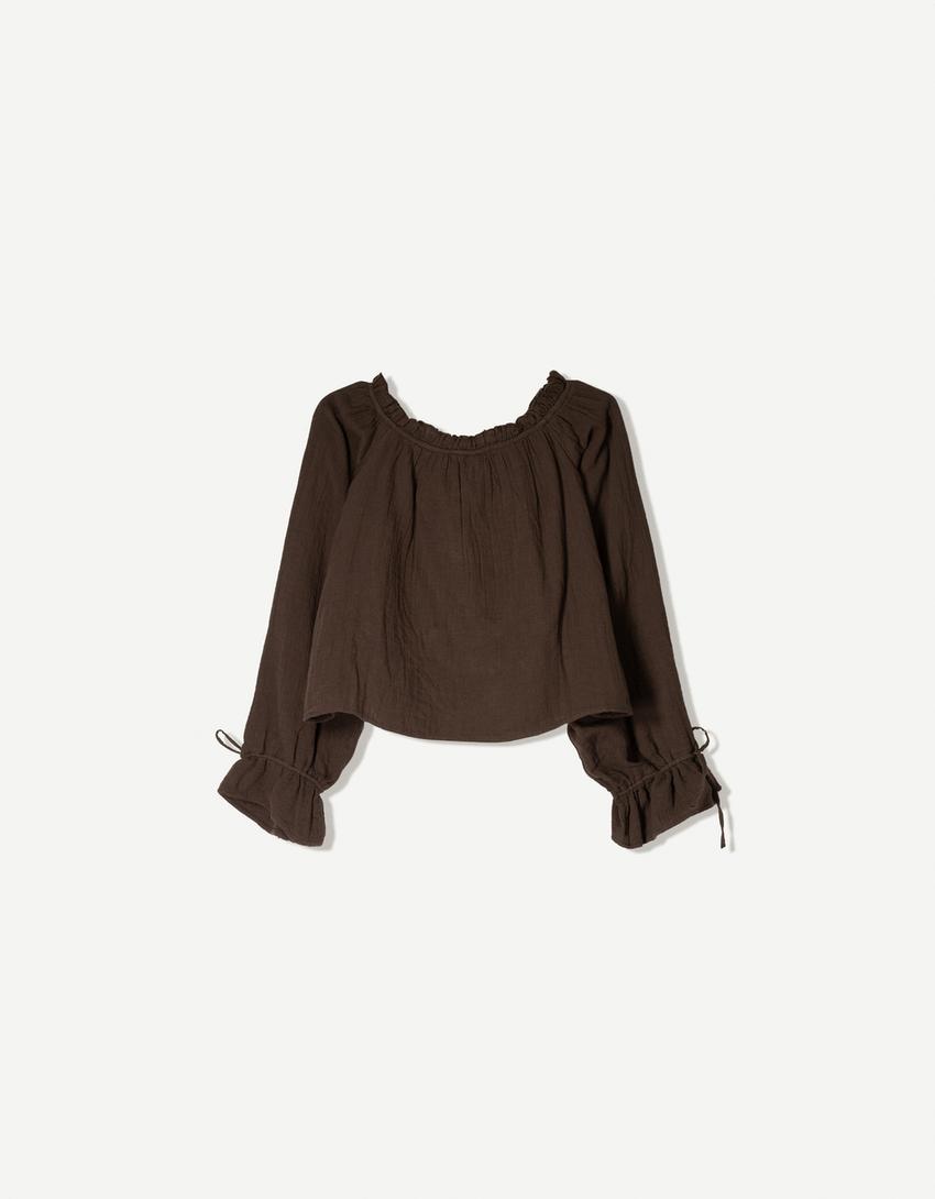 Bluse mit fallender Schulternaht und Schnürung-Braun-4