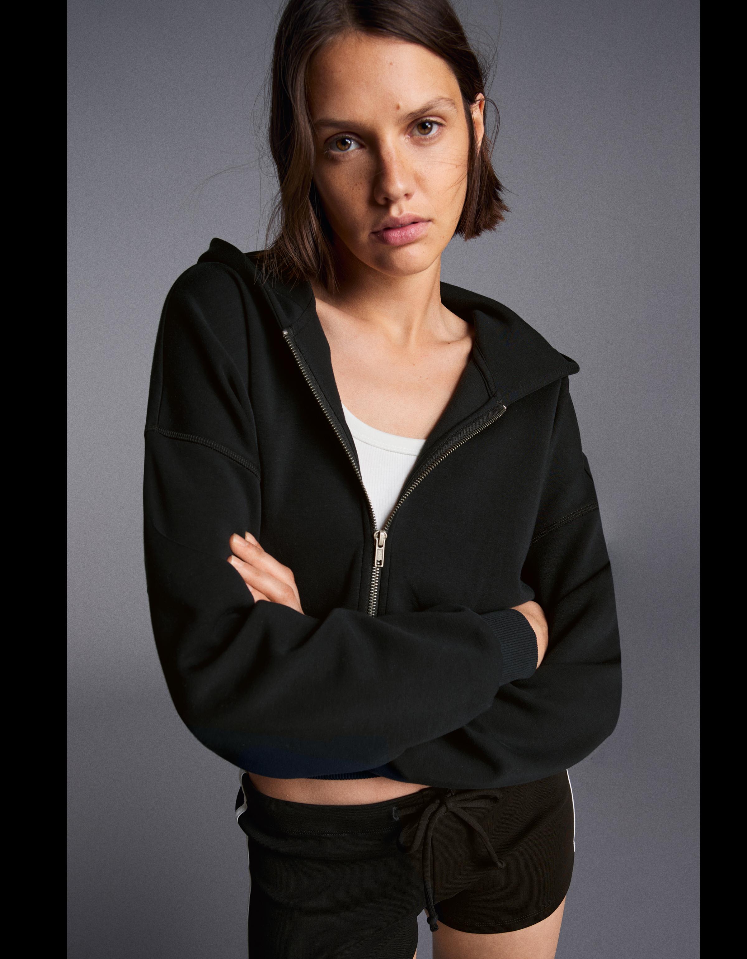 Zip-up hooded sweatshirt with sash — Black