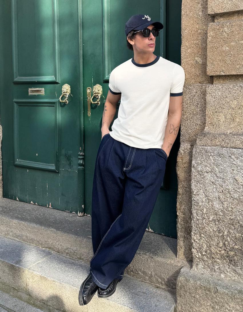 T-shirt manches courtes côtelé contrastant-Blanc cassé