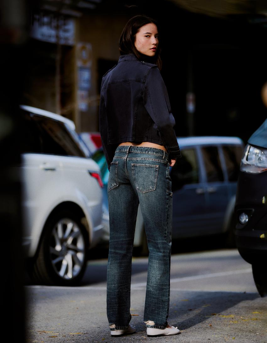 Jeans straight taille basse déchiré-Bleu