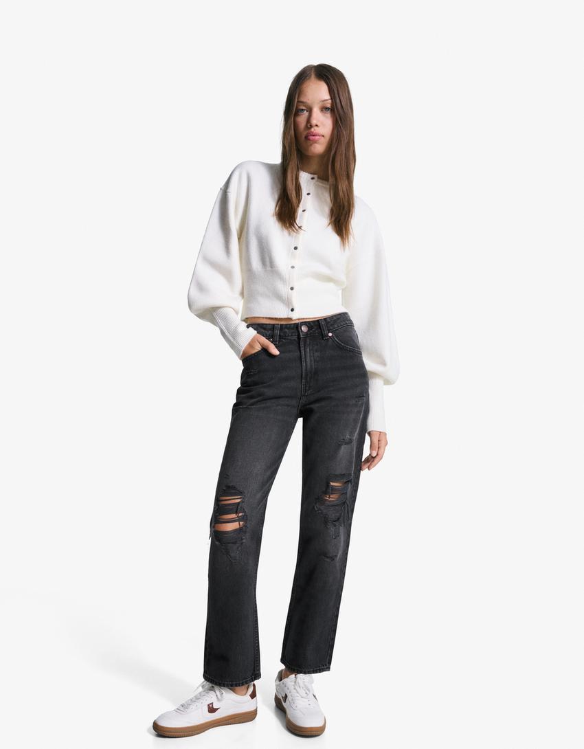 Blugi straight fit cropped rupți-Negru-0
