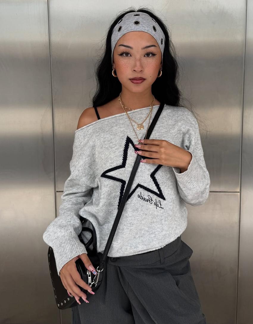 Maglia con scollo a barchetta e stampa-Grigio