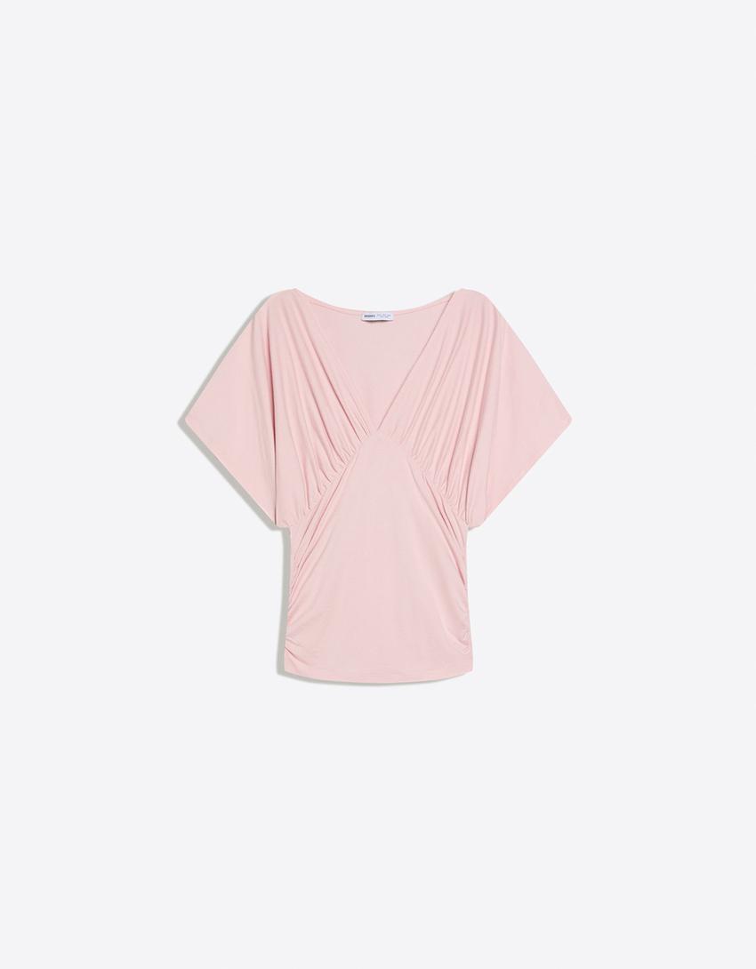 Shirt mit V-Ausschnitt und Raffungen-Rosa