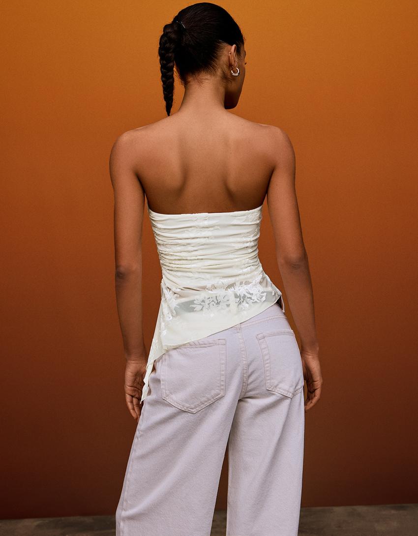 Asymmetric velvet print bandeau top with ruching-Cream