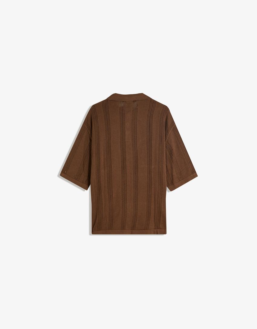 Textured openwork polo shirt-Brown