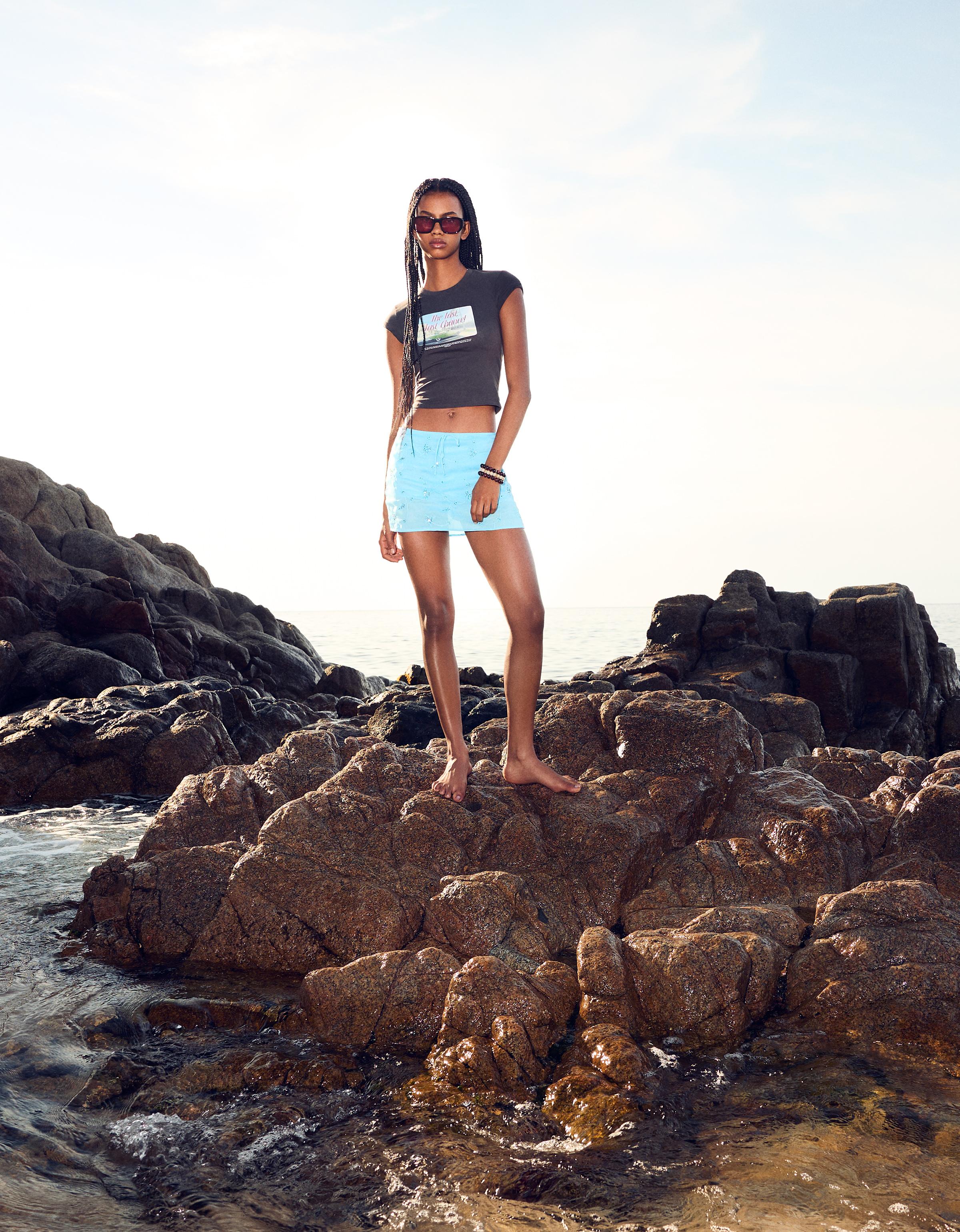 Bershka Bestickter Minirock Damen S Hellblau
