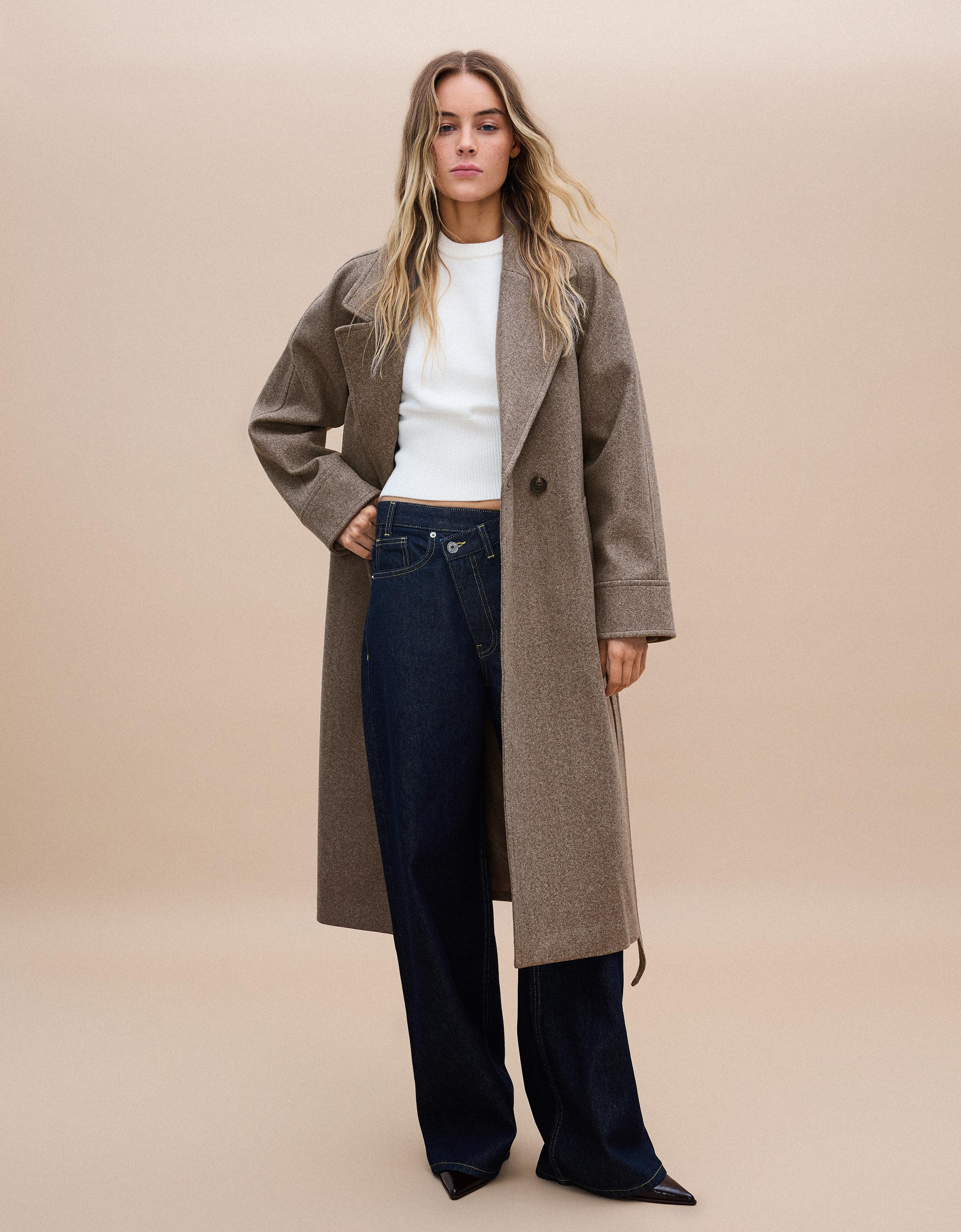 Bershka Abrigo Largo Soft Cinturón Mujer L Marrón