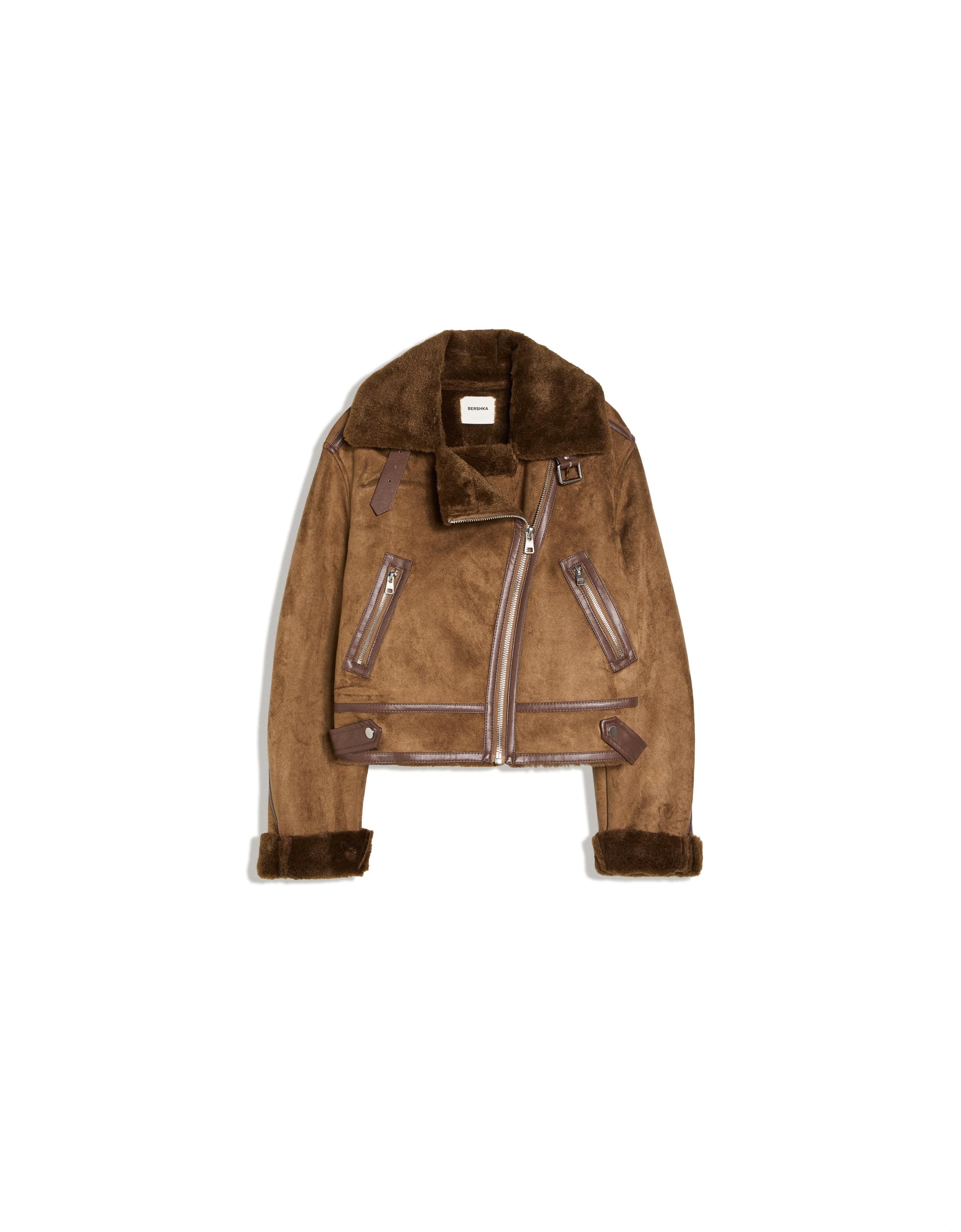 Cropped double-faced biker jacket — Brown
