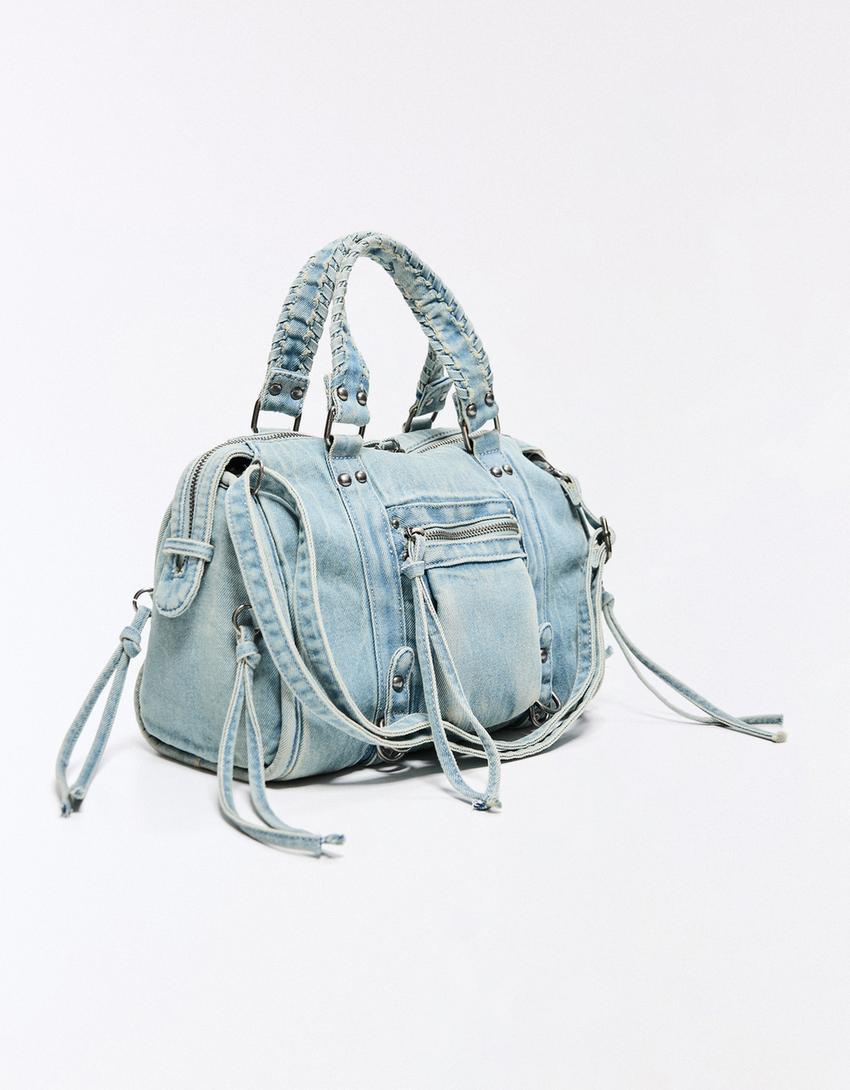 Distressed bowling bag with straps-Light blue