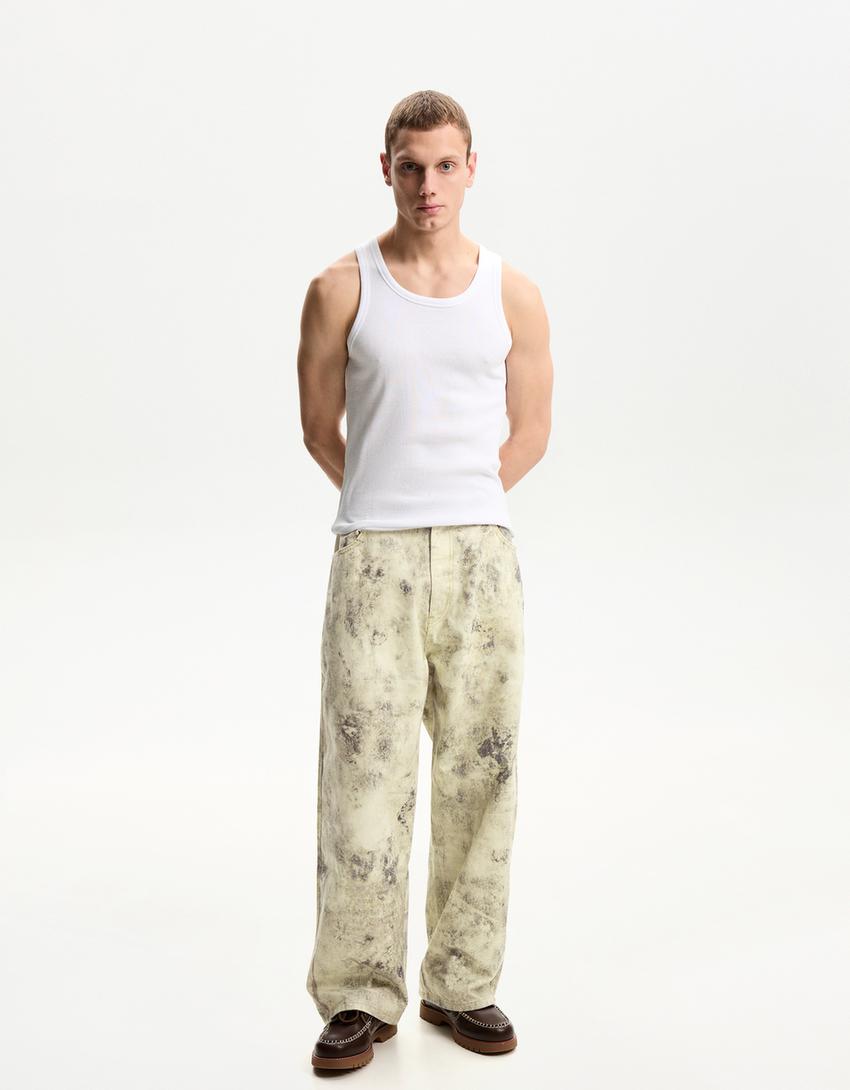 Bershka Balloon Jeans Beige Printed Balloon Pants Men Bershka