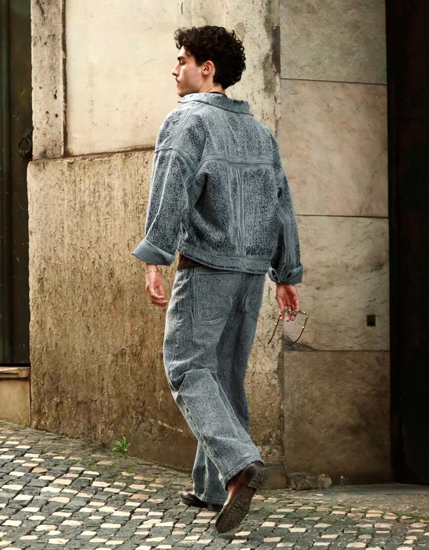 Textured denim jacket-Light blue