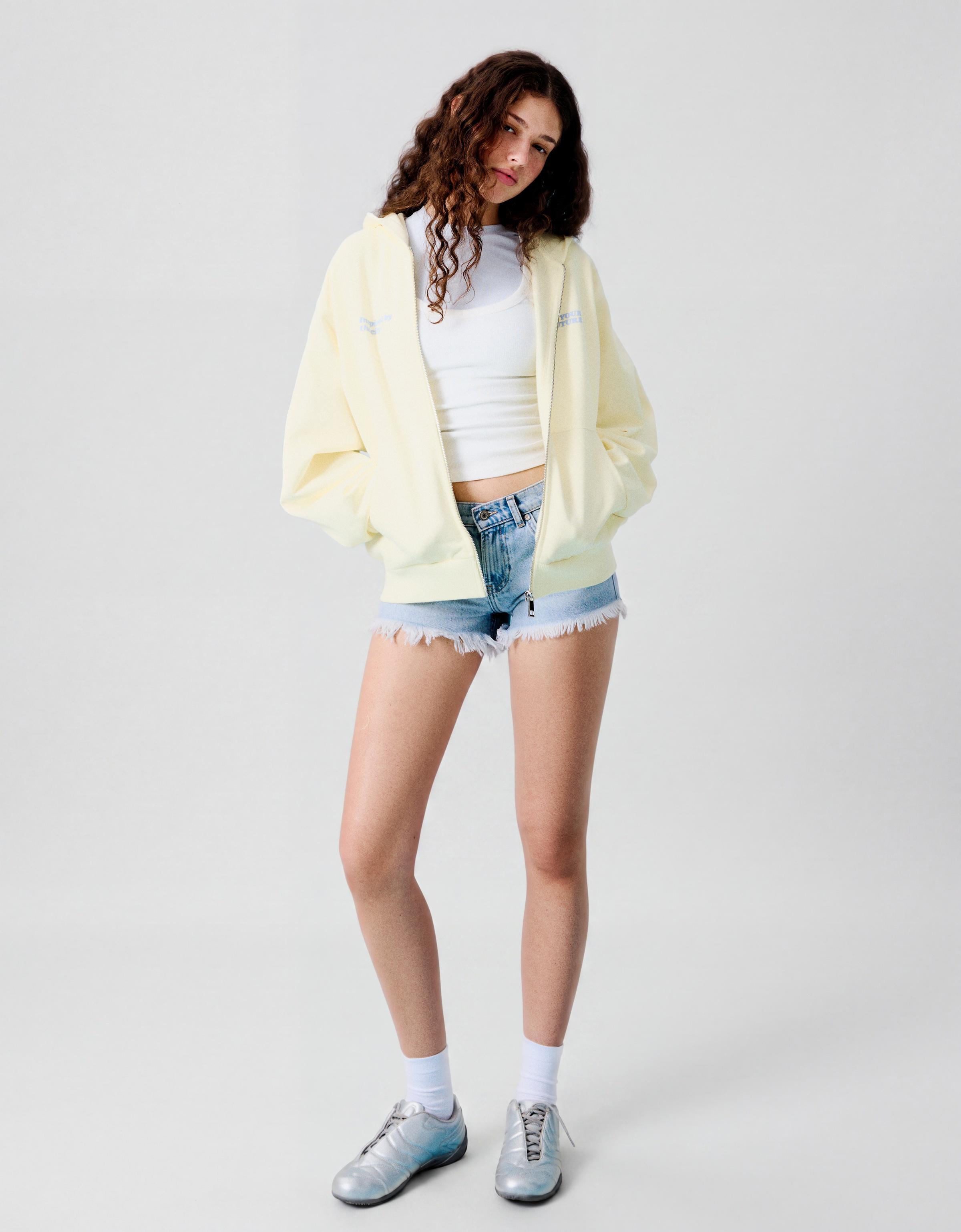 Oversize zip-up hoody with print — Yellow