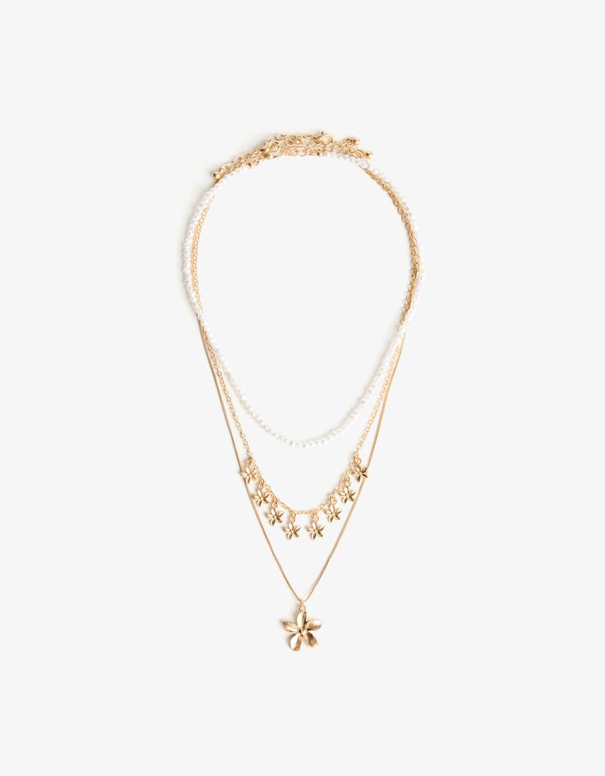 Pack of 3 floral and faux pearl necklaces-Gold-2