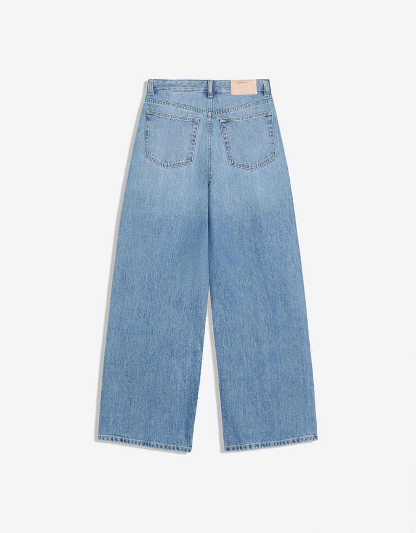 Weite Jeans mit überkreuztem Bund-Ausgewaschenes Blau