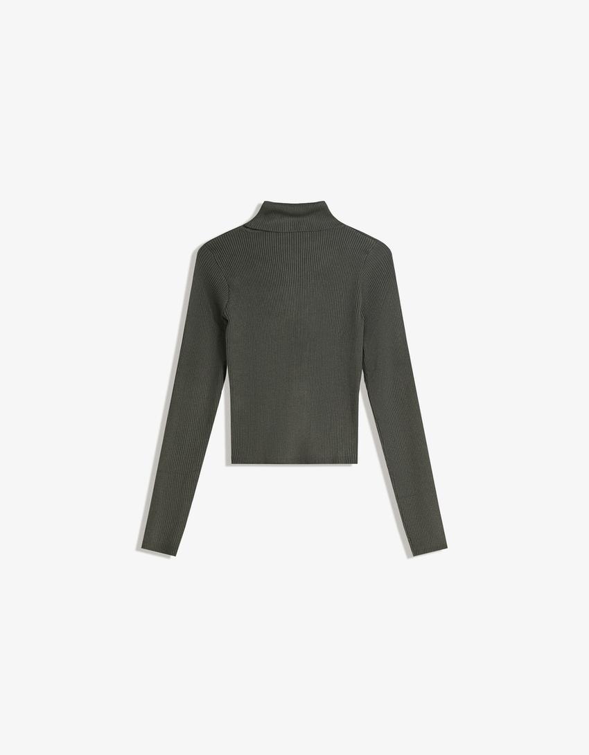 Raised neck ribbed jumper-Khaki-1