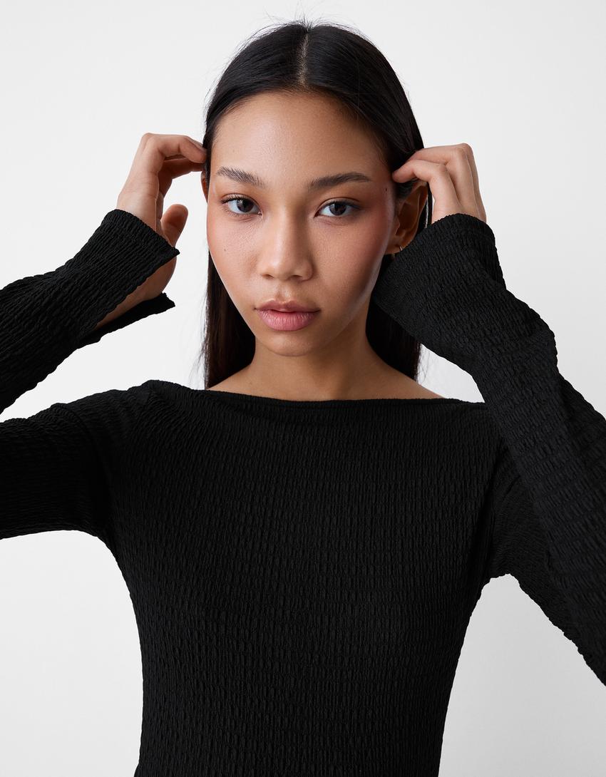 Vestido mini manga comprida efeito de waffle-Preto-4