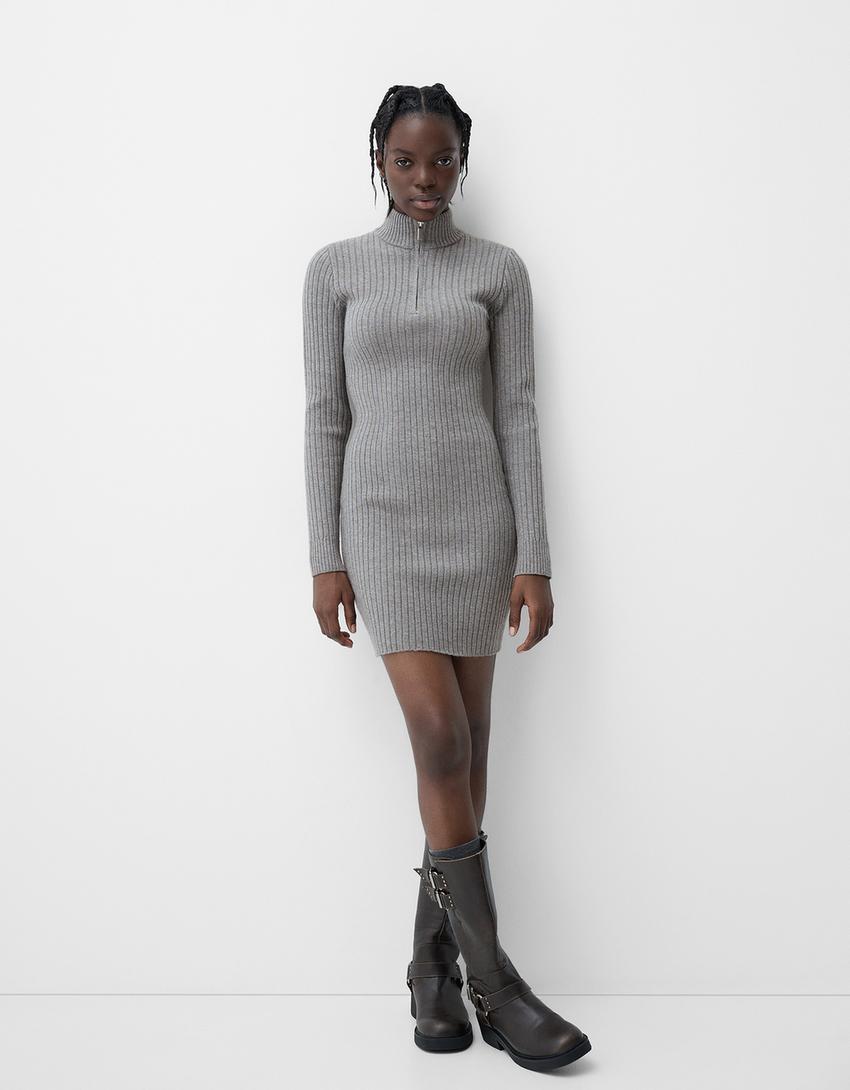 Vestito mini a coste con cerniera-Grigio scuro-0