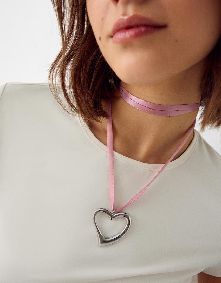 Satin necklace with heart charm-Silver-1