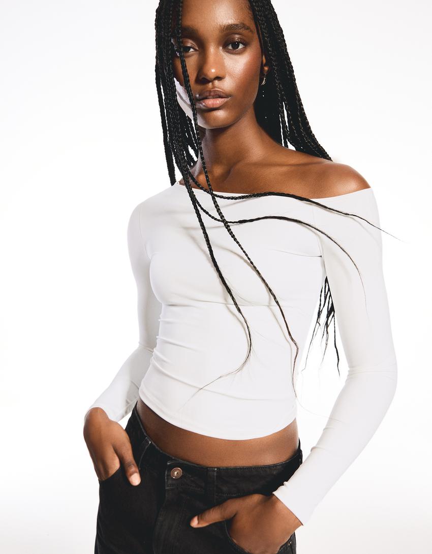 Langarmshirt mit asymmetrischem Kragen-Grbrochenes Weiss