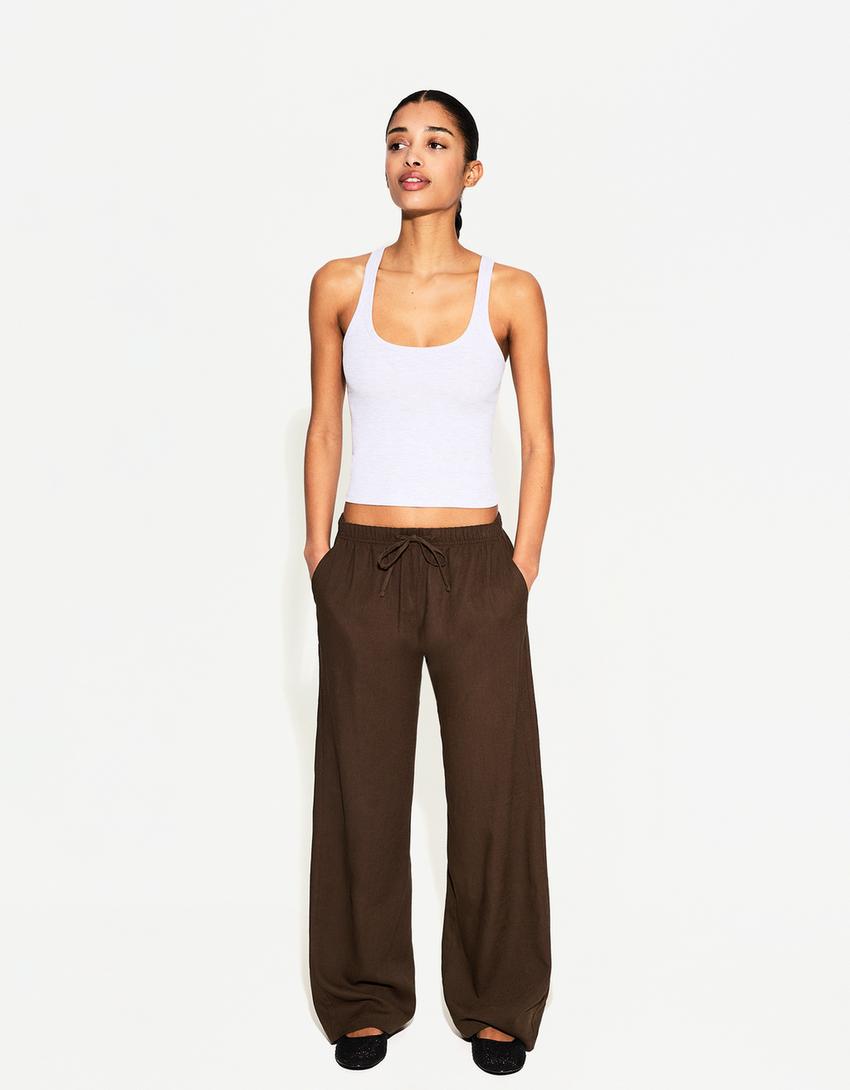 Linen blend trousers with an elasticated waistband-Brown-0