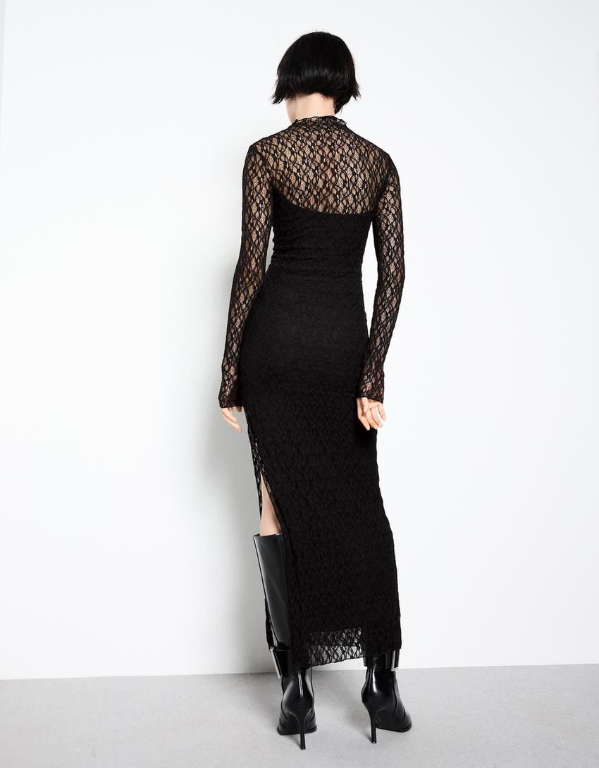 Blonde lace long-sleeve midi dress-Black
