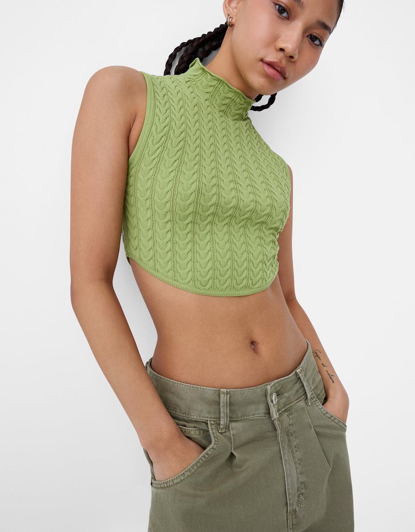 Sleeveless cable-knit top with high neck-Green-5