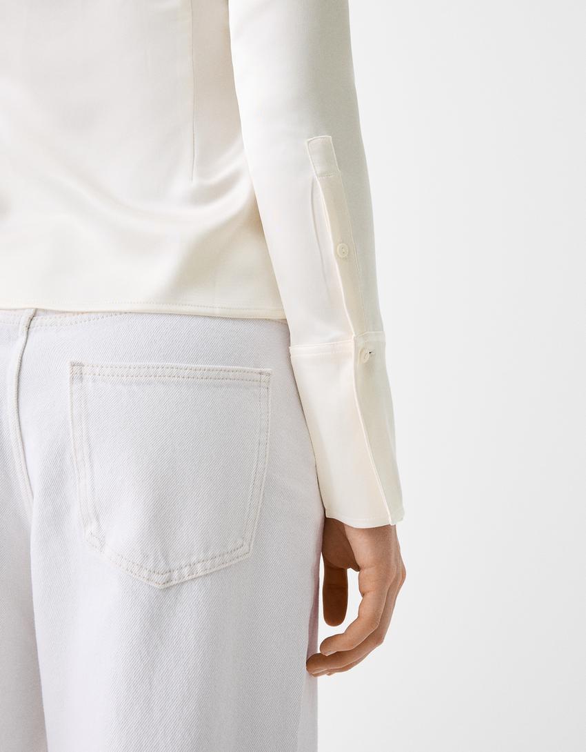 Fitted satin shirt with bell sleeves-Off white-5