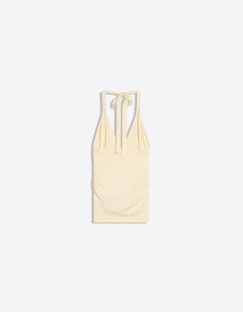 Ruched halter top-Beige