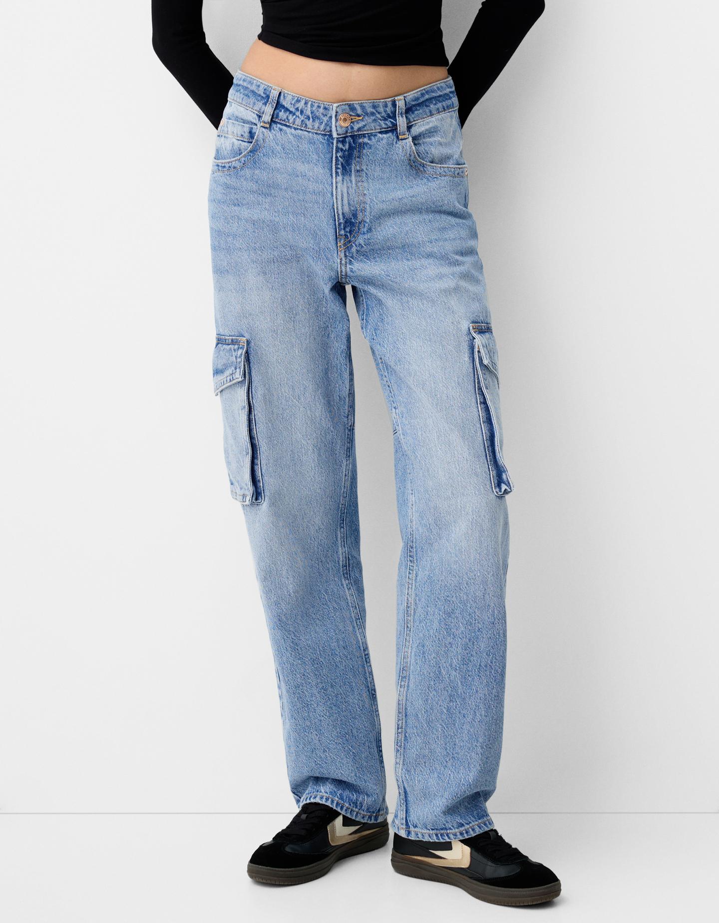 Bershka Cargo-Jeans Im Straight-Fit Damen 42 Ausgewaschenes Blau günstig online kaufen