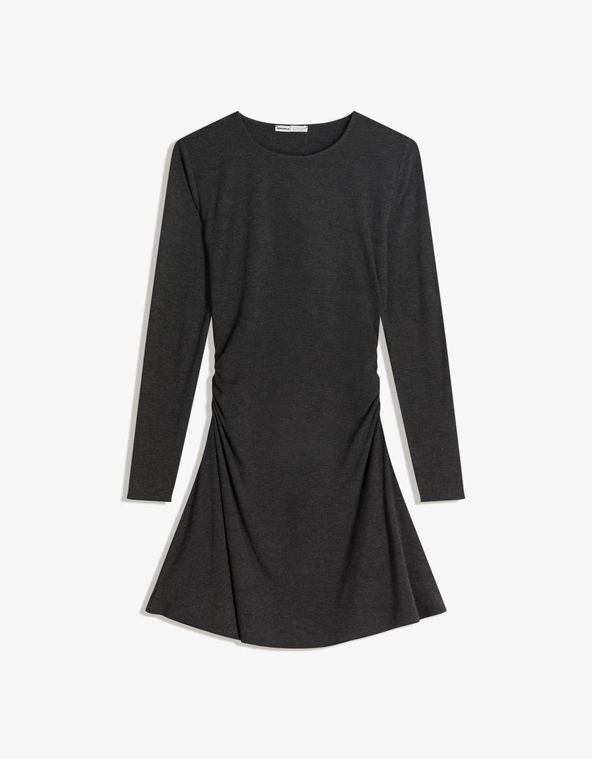 Vestido mini manga larga frunces-Gris oscuro