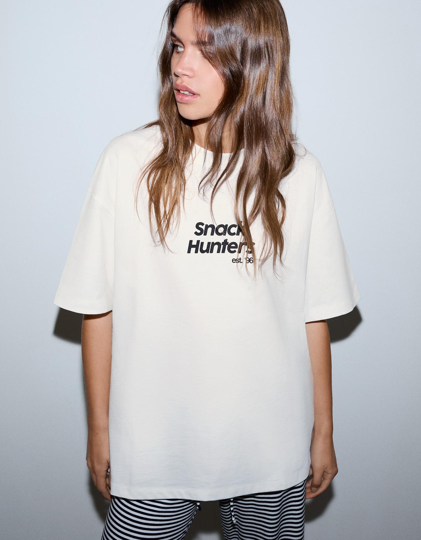Bershka Camiseta Manga Corta Print Mujer Blanco Roto