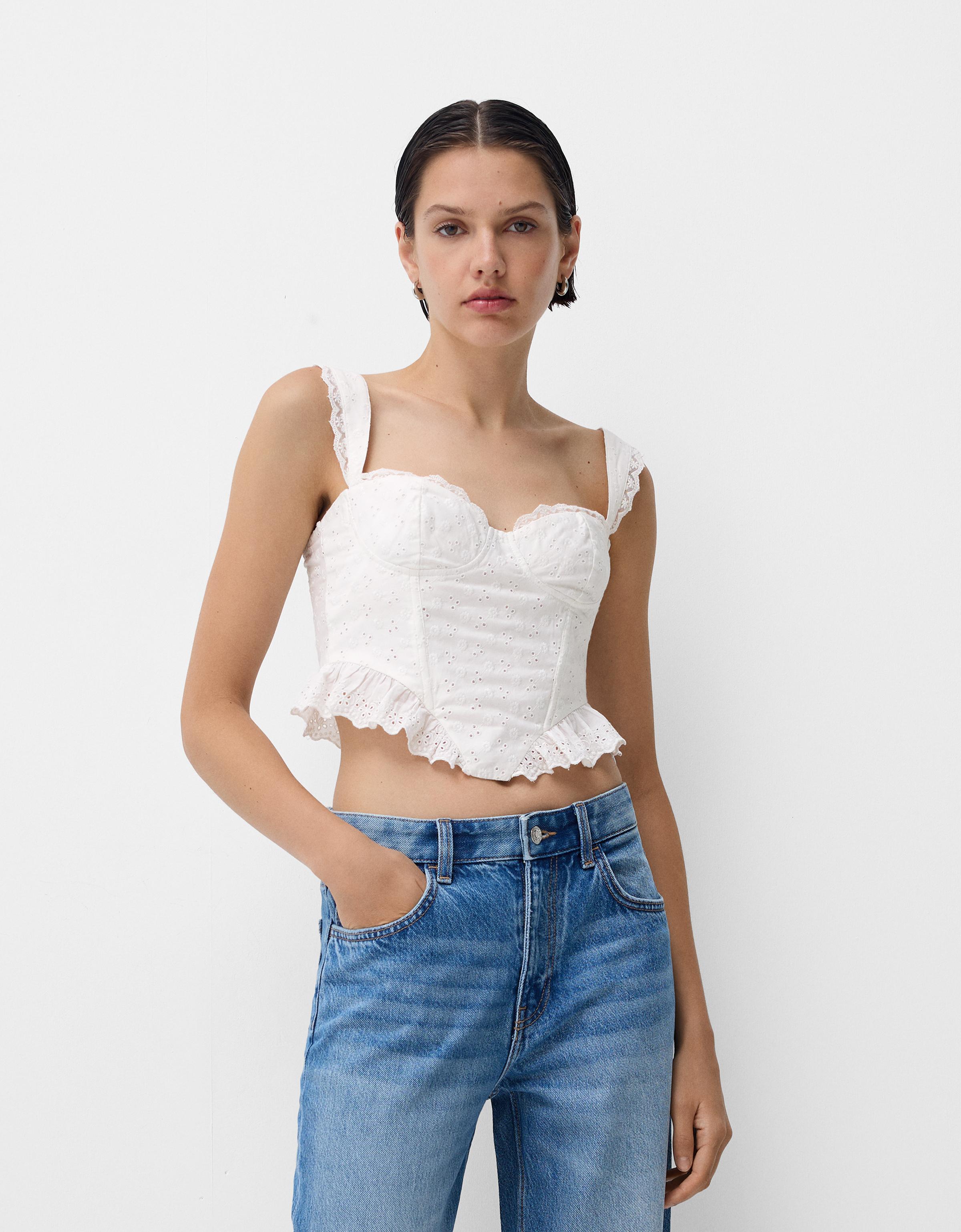 Bershka Top Mit Volants Und Schweizer Stickerei Damen Xs Grbrochenes Weiss