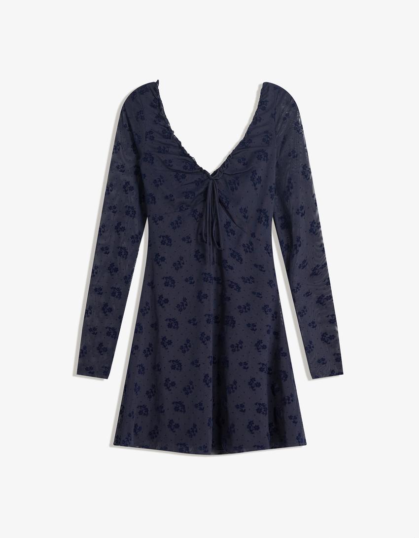 Robe mini manches longues tulle-Marine-0