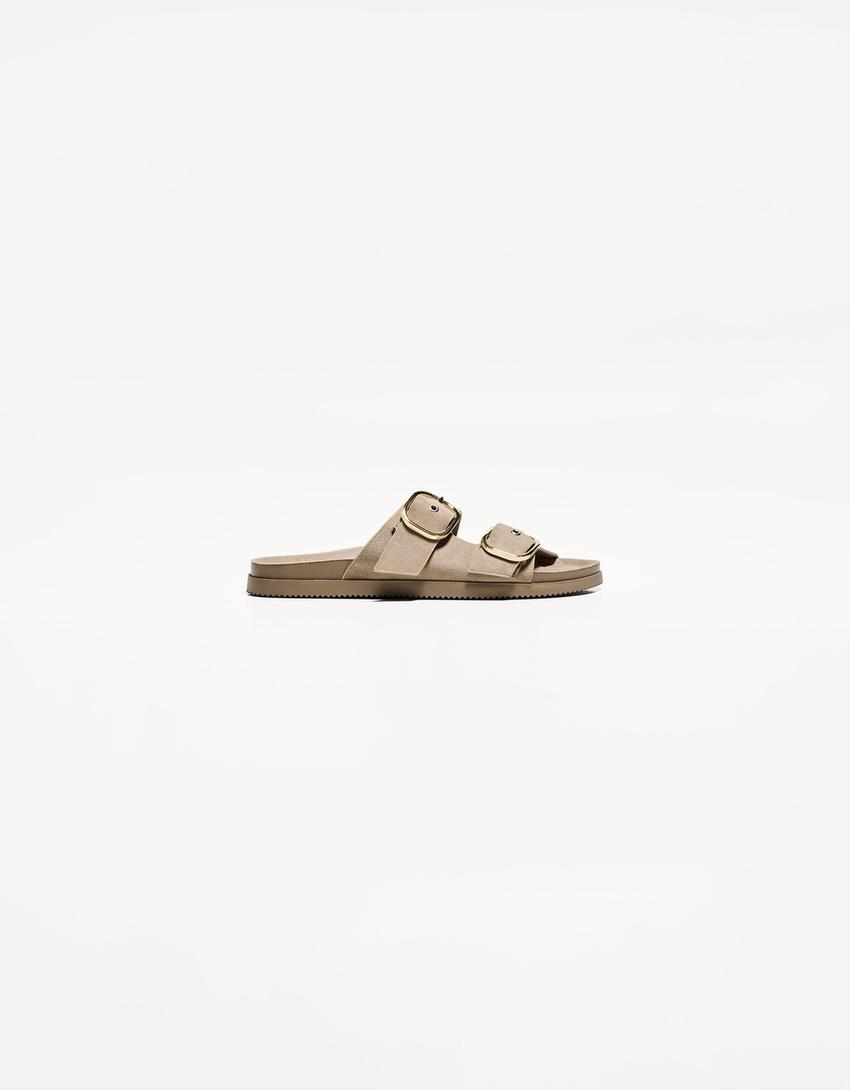 Buckled flat slider sandals-SAND