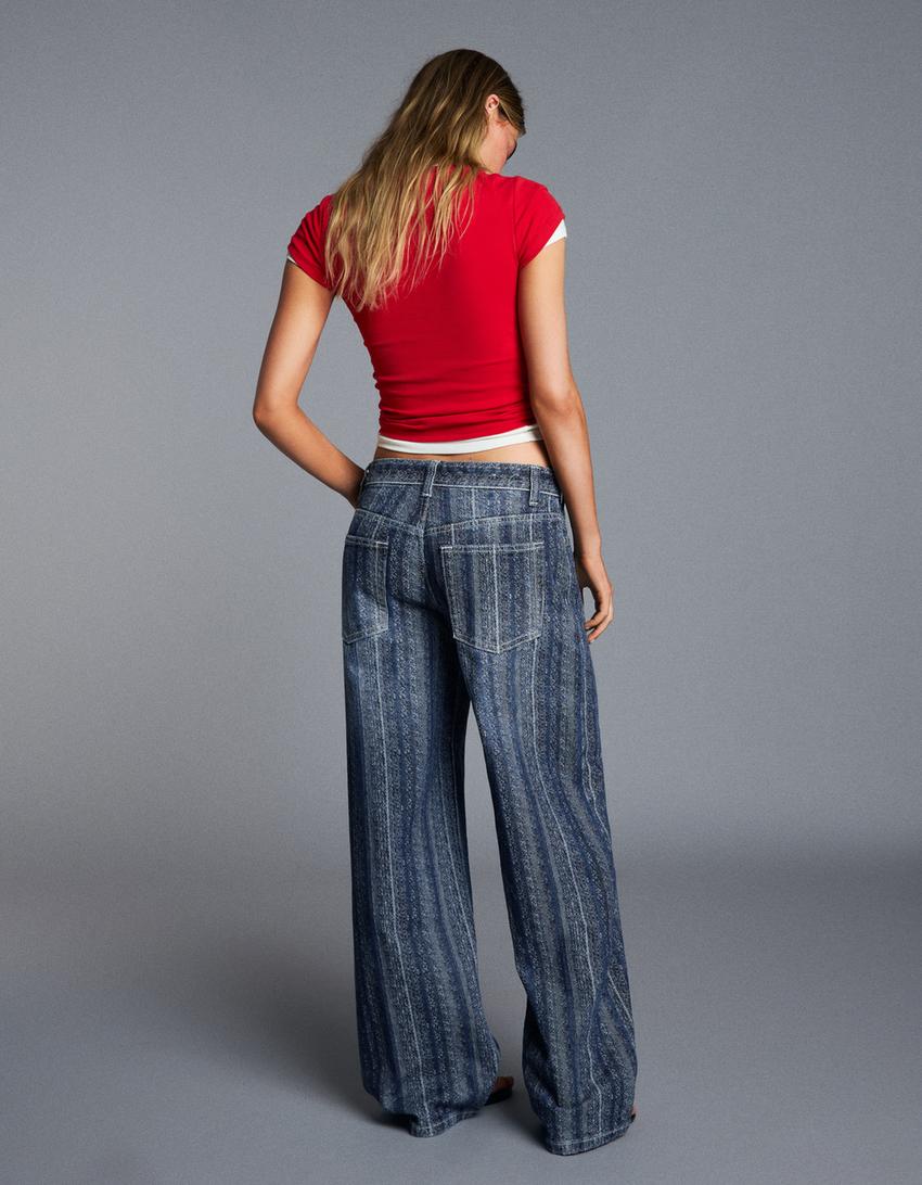 Textured crossover waist jeans-Blue